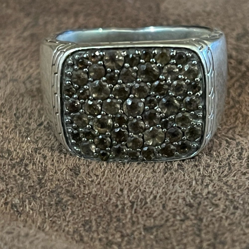 John Hardy Carved Chain Signet Ring, Silver, Pavé